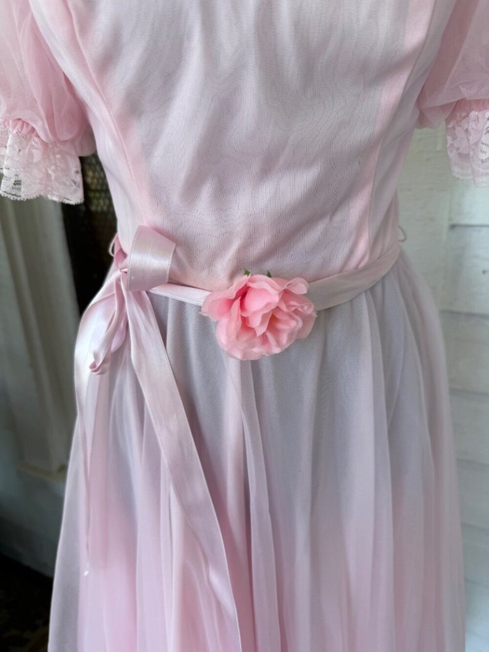Vintage 80s Bubble Gum Pink Sheer Nylon & Lace Party Dress Balloon Sleeves Sz M - Picture 6 of 16